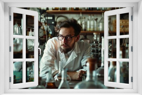 Thoughtful male researcher surrounded by antique lab equipment and glassware