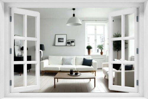 Bright and airy minimalist living room featuring a white sofa, sleek design, and stylish decor in a scandinavian-inspired home