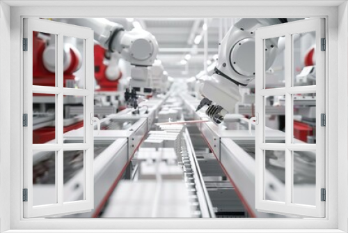 Closeup of an advanced automated factory production line with robotic arms in a high-tech industrial setting.