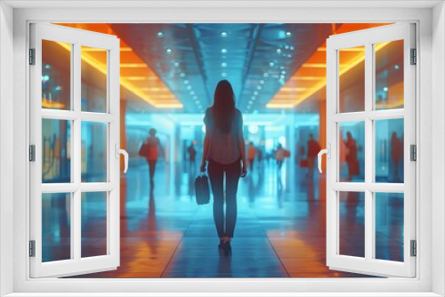 Silhouette of a Woman Walking in a Modern Illuminated Hallway with a Bright and Colorful Environment