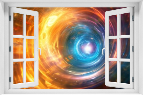 Sci-fi portal corridor with an arched gateway, emitting a radiant glow, cosmic vortex spiraling into a colorful parallel universe