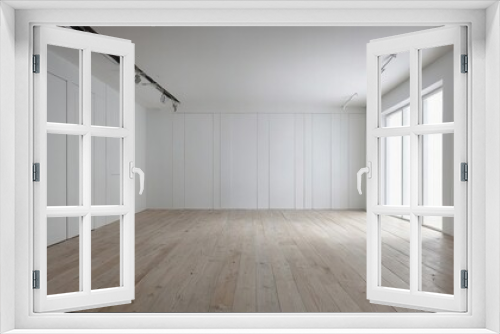 Blank white interior room background ,empty white walls corner and white wood floor contemporary