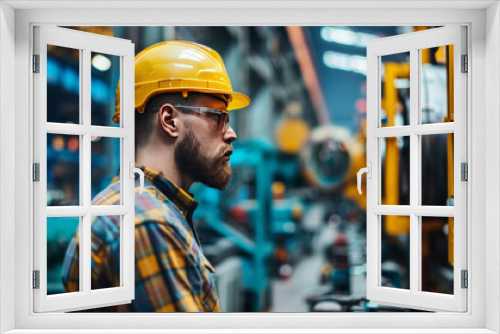 A factory worker wearing a hard hat and safety glasses, inspecting machinery in an industrial setting, ensuring operational safety.