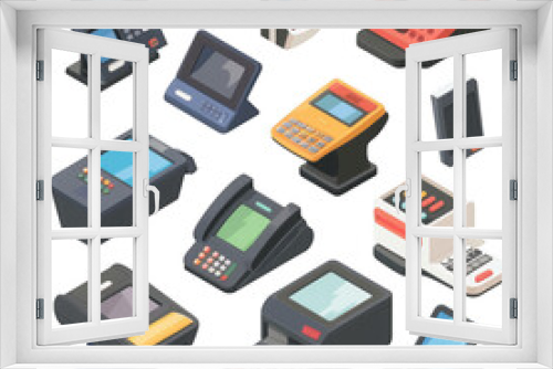Collection of various electronic payment terminals and devices for credit card processing, including POS systems and card readers.
