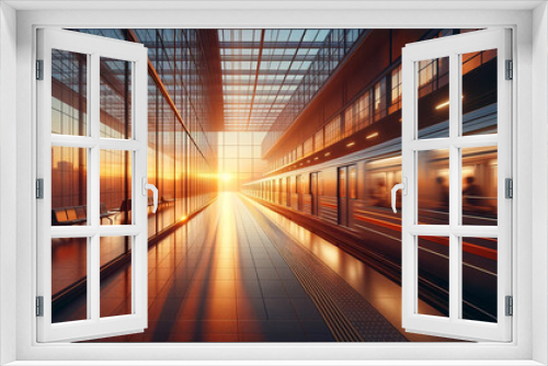 Sunset view at a modern train station with moving train.