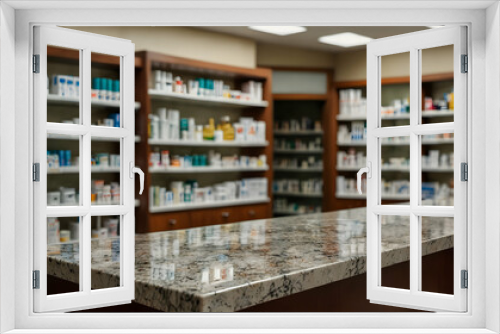 a clean pharmacy marble table counter, showcasing medicines with a softly blurred backdrop of well-stocked drugstore shelves