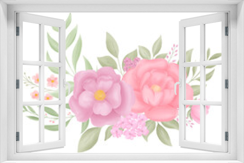 Fototapeta Naklejka Na Ścianę Okno 3D - flower arrangement with pink flowers and green leaves