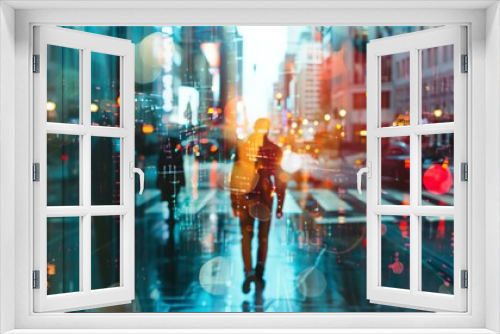 Street scene, busy intersection, urban life, people walking, city traffic close up, focus on, copy space, lively and energetic, Double exposure silhouette with urban street scene