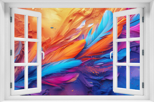 Dynamic abstract 3D feathers in vibrant colors on textured gradient background