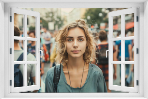 Large group of people standing in the street with focus on woman looking at camera