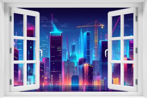 Growing metropolis in neon colors, cartoon vector concept. Night cityscape with futuristic urban architecture and cranes constructing new skyscrapers. Urban background illustration.