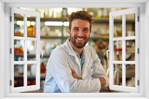 Smiling Male Scientist in Laboratory, Wearing Lab Coat, Scientific Research and Innovation