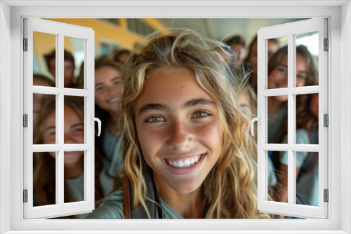 Cheerful teenage girl with friends posing in a sunlit school corridor