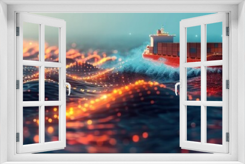 A digital ocean landscape with glowing waves, showcasing a cargo ship sailing in dynamic light, emphasizing technology in modern maritime transport.
