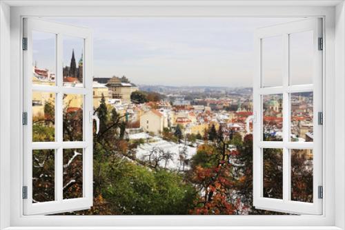 Fototapeta Naklejka Na Ścianę Okno 3D - First Snow in Prague City with gothic Castle, Czech Republic