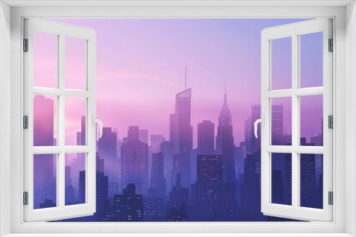 A beautiful cityscape with a purple sky and a pink sunset.