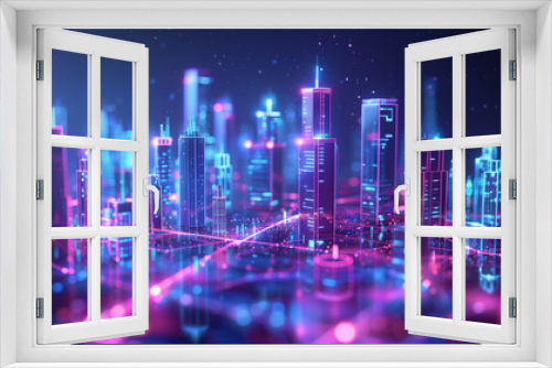 Animated futuristic smart city with glowing neon lights and high-tech architecture