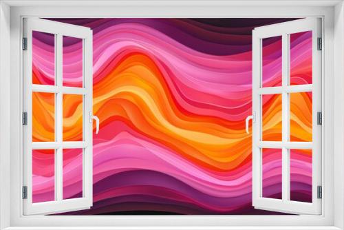  A wavy abstract pattern in pink, orange, and yellow overlays a black background Below, a black backdrop features an orange and pink striped bottom