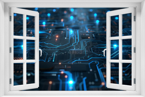 A detailed view of a circuit board with clean lines and glowing blue accents.