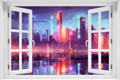 A stunning futuristic cityscape illuminated with vibrant neon lights and reflecting on water, creating a captivating urban skyline at night.