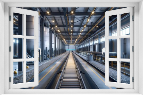 Modern industrial factory interior with steel beams, machinery, and a long conveyor belt in the center.