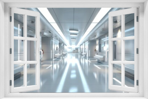 A long hospital corridor with rows of surgical beds