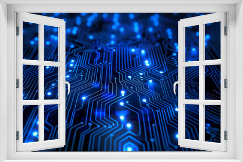 information security. Circuitry Pulse. A detailed view of a blue illuminated circuit board, showcasing the complex pathways and nodes essential for electronic functionality.