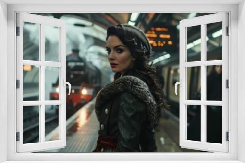 A woman standing on a platform at a bustling train station, with a train arriving in the background.