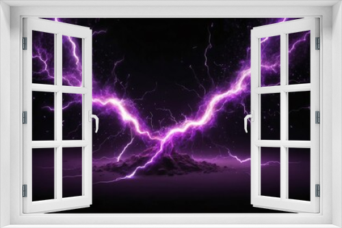 abstract impact of purple glowing light particles with lightning sparks on plain black background