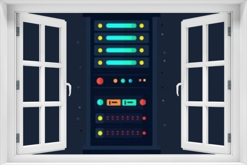 Flat illustration of a server rack with colorful lights.