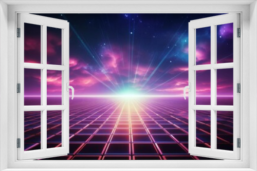 Retro 80s background with neon grid lines, starry sky, pink and purple hues