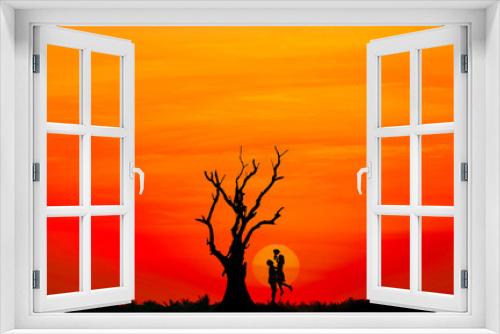 Fototapeta Naklejka Na Ścianę Okno 3D - Silhouette of couple in love with big sunset and dead tree.
