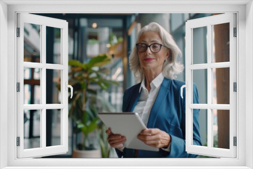 A professional woman holds a tablet computer, ready to work or access information