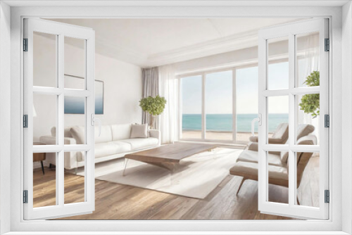 A spacious living room adorned with pristine white walls and expansive windows that unveil a mesmerizing vista of the cerulean ocean.