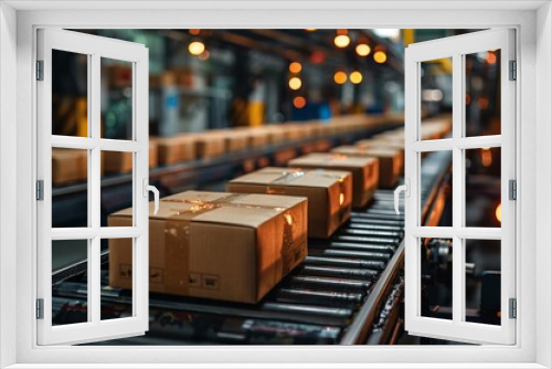 dynamic scene as multiple cardboard box packages smoothly traverse conveyor belt within busy warehouse fulfillment center, symbolizing intersection of delivery efficiency,