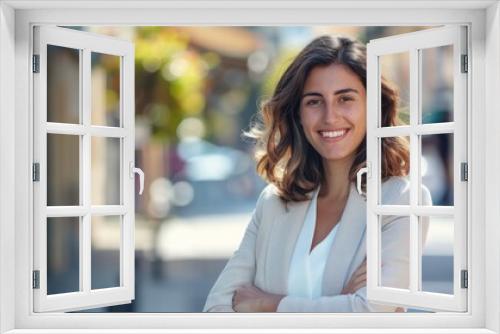 Young happy pretty smiling professional business woman, happy confident positive female entrepreneur standing outdoor on street arms crossed, looking at camera.