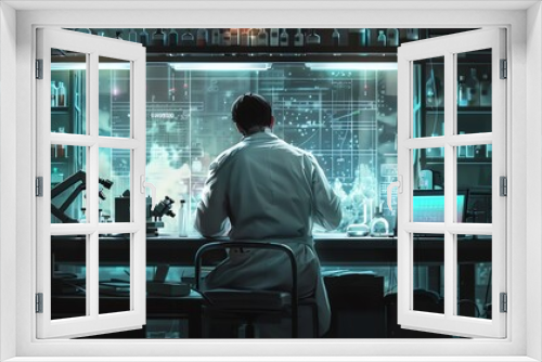 Scientist in the lab, back view, preparing reagents for an experiment, hightech lab environment