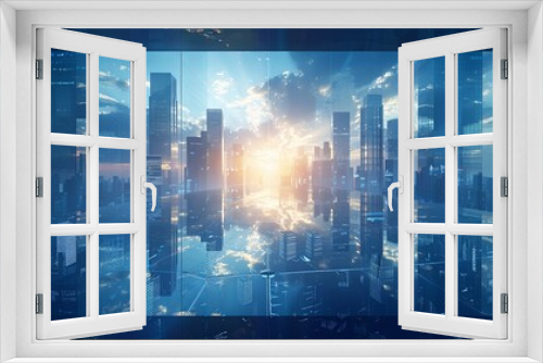 Modern Skyscrapers of a Smart City in Futuristic Financial District with Reflections and Warm Sun Rays. Blue Background for Corporate and Business Templates Highlighting Urban Innovation/Architecture.