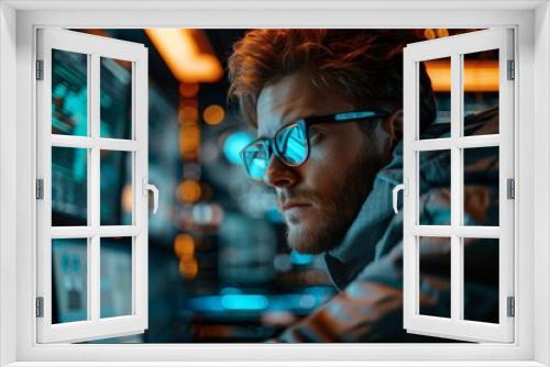 A photostock image of a serious programmer deeply focused on coding, surrounded by multiple screens and coding elements, captured in a documentary photography style