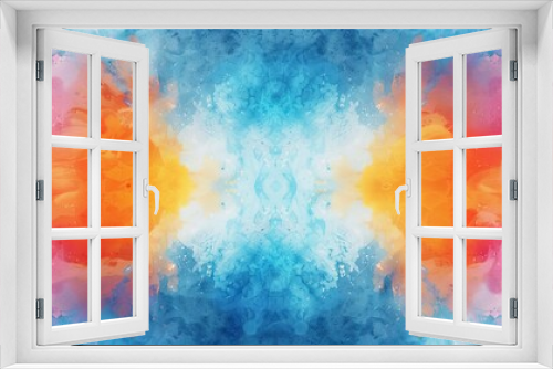 blue watercolor paint background design with colorful orange pink borders and bright center 