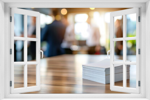 Blank paper stack on office table with business people. Stack of blank paper sheets on wooden table, blurred background of business people meeting in modern office