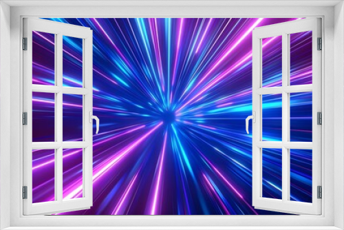 Vibrant neon light rays background, glowing blue and purple lines in space tunnel