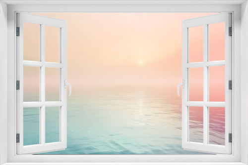 A serene, pastel sunset over a calm body of water with a soft, dreamlike quality.