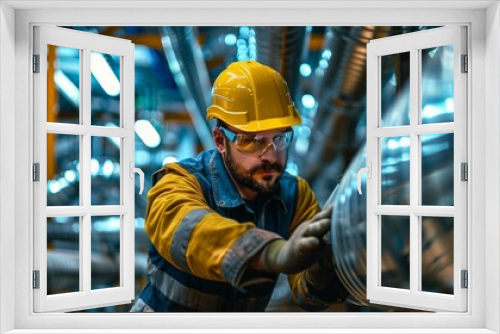 A man in a yellow jacket and a hard hat is working on a pipe, profession engineer