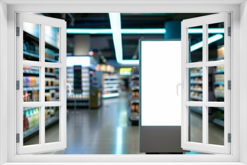 a full white backlit billboard in a small very design and empty supermarket, in the blurred background there is matt black steel shelves