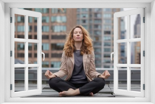 Photo of a woman meditating on a balcony with a view of modern skyscrapers. Concept of urban mindfulness and stress relief in a bustling city environment.