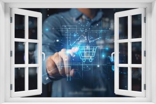 Merchants touch virtual sales growth charts and shopping cart ICONS on transparent screens, use tablets to analyze the performance of markets or online stores,