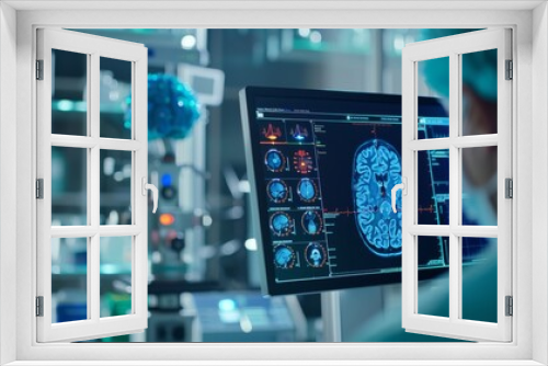 Brain scan results displayed on digital interface, medical technology. Digital brain image with colorful data overlays on modern interface.