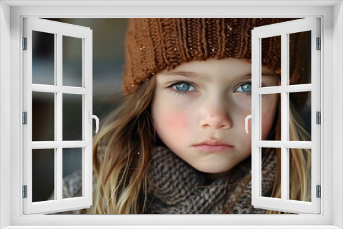 Portrait of a young girl with blue eyes wearing a brown hat