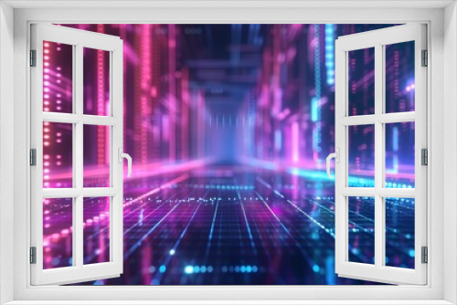 Abstract futuristic corridor with neon lights and cyber effect. Digital data visualization in vibrant colors, suitable for tech concept designs.